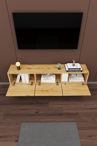 Modern Duvara Monte Tv Ünitesi %100 Mdf Kapaklı Televizyon Sehpası T-27 Safir Meşe Safirmeşe