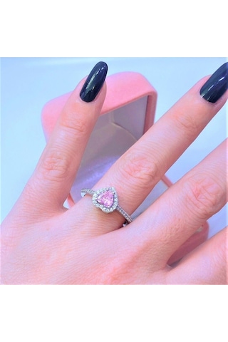 Vog Swarovski Taşlı Pembe Renkli Kalpli 925 Ayar Gümüş Yüzük