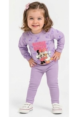 İrem Kız Bebek Mickey Desenli Yazı Nakışlı Lila Renk Sweatshirt Tayt Takımı