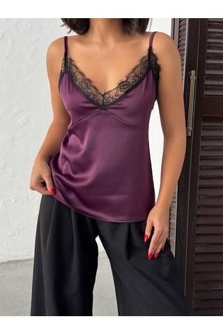 Ckm Moda Noiria Siyah Dantel Detaylı Saten Askılı Kadın Atlet Mürdüm