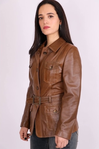 Kahverengi Hakiki Deri Yakalı Kemerli Düğmeli Mont Kaban