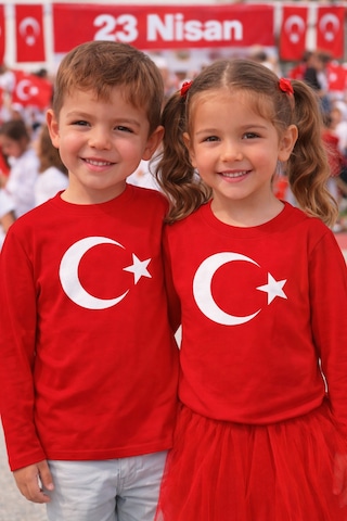 Herşey Nota Ay Yıldız Baskılı Uzun Kollu Kırmızı Çocuk Tişört 23 Nisan Okul Gösterisi 3-14 Yaş