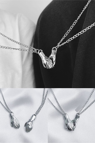 Gümüş Renk Mıknatıslı El Ele Çift Kolyesi 2231 Gümüş