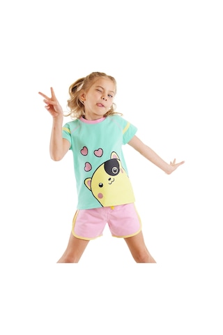 Denokids Kalpler Kız Çocuk T-shirt Şort Takım Çok Renkli