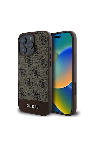 Apple Uyumlu iPhone 16 Pro Kılıf Guess Lisanslı Pu Deri Şerit Logo Dizaynlı Kapak Kahverengi