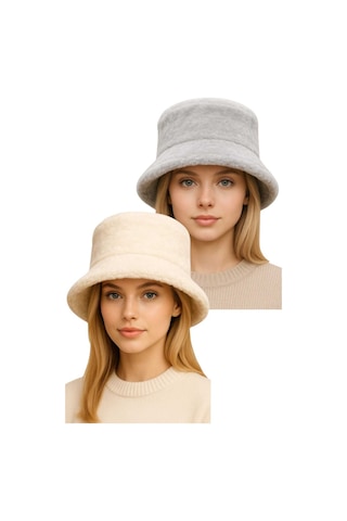 Uniquetrenders Kadın Ayarlanabilir Peluş Bucket Kova Şapka 2'li Set Gri - Ekru