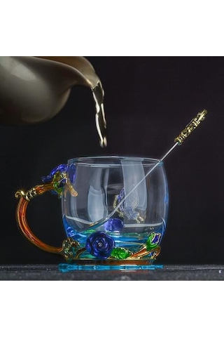 Mavi Gül Emaye Kristal Kupası Çiçek Çay Cam Yüksek Dereceli Cam Su Kupası Çiçek Kupa İle Handgrip Ile Mükemmel Hediye Düğün Kupalar Mavi Ahşap