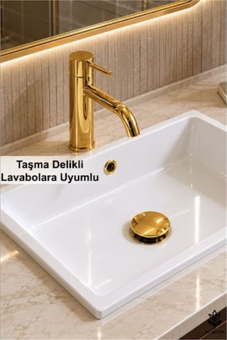 İz Yapı Felix Paslanmaz Pop-up Lavabo Gideri Taşma Delikli Altın Üniversal Sızdırmaz Somunlu Parlak Altın