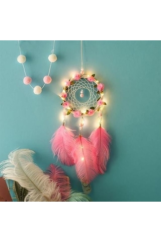 Seçkin Trend El Yapımı Kuş Tüyü Ve Led Işıklı Dekoratif Asma Düş Rüya Kapanı Çok Renkli