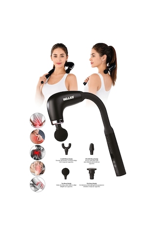 Walke Reach Pro Şarjlı Uzun Saplı Masaj Tabancası 4 Başlıklı Derin Doku Masaj Aleti V-02 Siyah