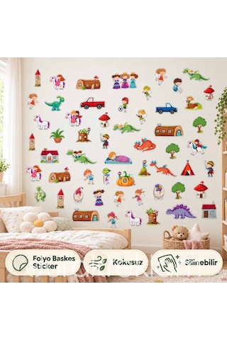 Masal Dünyası Çocuk Odası Duvar Sticker Seti Prenses, Unicorn Ve Ejderha Figürlü, Kokusuz, Silinebilir Folyo Baskes Çok Renkli