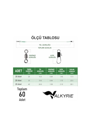 Valkyrie 60 Adet Çelik Fishing Leader Seti Paslanmaz Çelik Olta Halatı Lider Teli 3 Boy Karışık