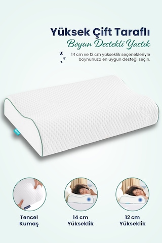 Yüksek Çift Boyun Destekli Ortopedik Visco Yastık 60x40x14-12cm Beyaz