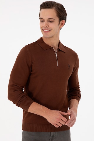 U.S. Polo Assn. Erkek Slim Fit Yarım Fermuarlı Kahverengi Basic Kazak 50297066-VR158