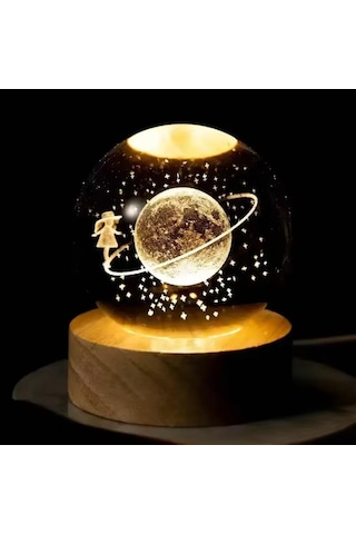 Işıklı Cam Gece Lambası Küre Kristal Renk Değiştiren Led Işıklı Dekoratif Hediyelik Satürn Kızı Beyaz