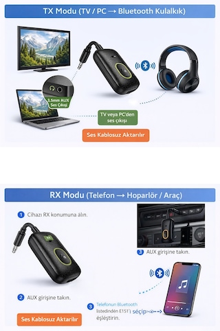 Exenar - Siyah - Aux Bluetooth Ses Adaptörü İki Yönlü Rx/tx Alıcı Verici Araç Tv Televizyon Pc Bilgisayar 3.5mm Jack