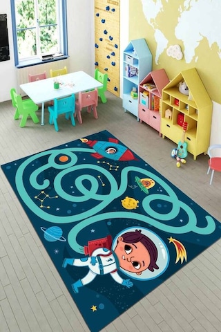 Turkuaz Kaymaz Taban Uzay Tema Astronotlu Çocuk Halısı Kd126n11