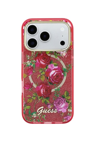 Apple iPhone Uyumlu 18 Pro Kılıf Guess Lisanslı M-safe Şarj Özellikli Gül Desenli Simli Yazı Logolu Kapak Bordo