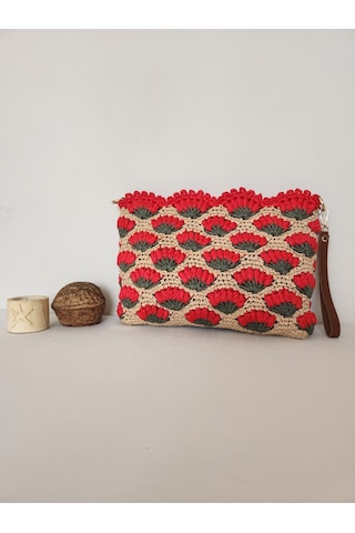 Fikriharika Design Karanfil Desenli, Suni Deri Astarlı, Rafya Clutch Çanta Bej - Çok Renkli