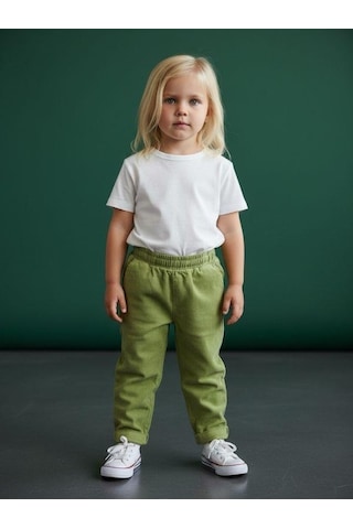 Zekids Kız Bebek Yumuşak Dokulu Beli Lastikli Duble Paça Yeşil Pantolon-16581 Yeşil