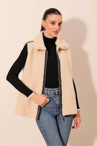 Gabria Fermuarlı Peluş Yelek Krem