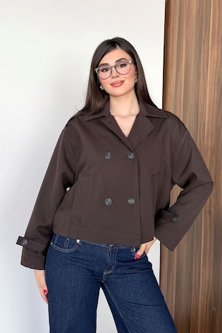 Jee Lee Kadın Gömlek Yaka Düğmeli Kısa Trençkot Kahverengi - 27k 3056