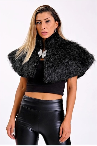 Keyifli Moda Kadın Siyah Broşlu Kürk Etol Bolero