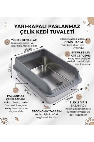 Mozonone Paslanmaz Çelik Yarı Kapalı Kedi Tuvaleti Metal Kum Kabı Üstten Giriş Yüksek Kenar Kürekli