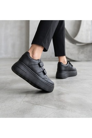 Papucumun Dünyası Aır Kalın Yüksek Taban Cırt Bantlı Kadın Sneaker Siyah