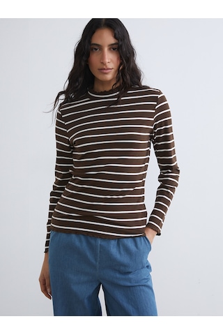 Lcw Modest Ekru Dik Yaka Çizgili Kadın Body