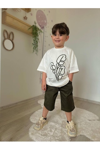 Miniko Kids Erkek Çocuk Keten Şortlu Cep Modelli Pamuk Şortlu Takım Yeşil
