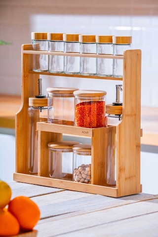 Malibu Bambu Standlı 12 Li Borosilikat Cam Baharatlık Seti Şeffaf