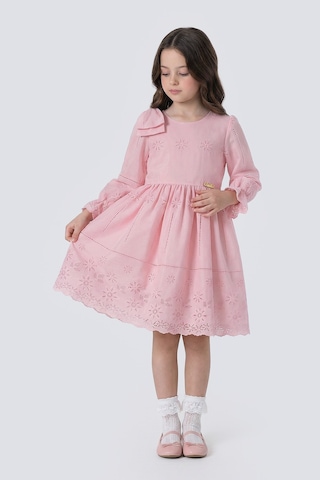 Pina Kids Kız Çocuk Omzu Fiyonk Detaylı Uzun Kollu Fisto Elbise Pembe
