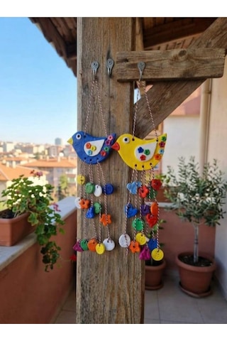 2'li Set Taş Tozu Kuş Figürlü Rüzgar Çanı - Balkon Duvar Süsü El Yapımı