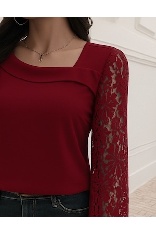 Tua Moda Kadın Uzun Kollu Asimetrik Yakalı Dantelli Ithal Krep Bluz Kırmızı