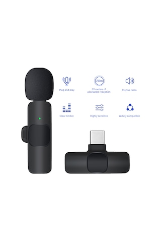 Kosona Siyah K9 Lavalier Kablosuz Mikrofon, Type-c Arayüzlü, Gürültü Azaltma, Canlı Yayın Ve Vlog Kaydı İçin, 20 Saat Çalışma Süresi