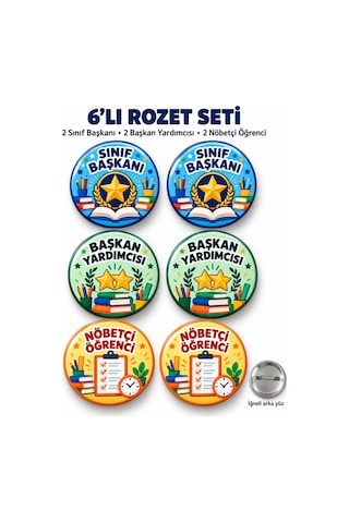 6 Lı Sınıf Görev Rozeti Seti 2 Sınıf Başkanı, 2 Başkan Yardımcısı, 2 Nöbetçi Öğrenci 44 Mm İğneli Rozet Diğer