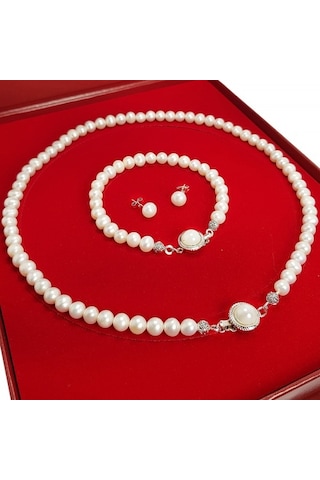 Chavin Doğal Inci Kolye Küpe Bileklik Özel Kutulu Set Ct83