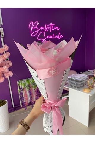 11'li Pembe Ve Beyaz Kurdeleli Solmayan Saten Gül Buketi Pembe Beyaz