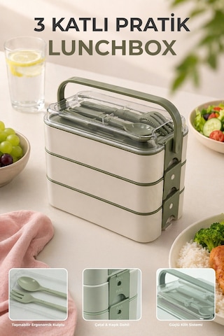 3 Katlı Bölmeli Lunchbox - Kilitli - Taşıma Saplı - Kaşık & Çatal Dahil Yeşil