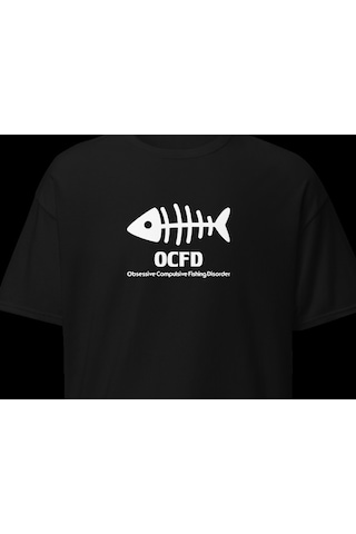 Wildstyle Ocfd Fishing Disorder Balıkçılık Esprili Kılçık Baskılı Unisex Bisiklet Yaka Pamuklu Tişört - Siyah