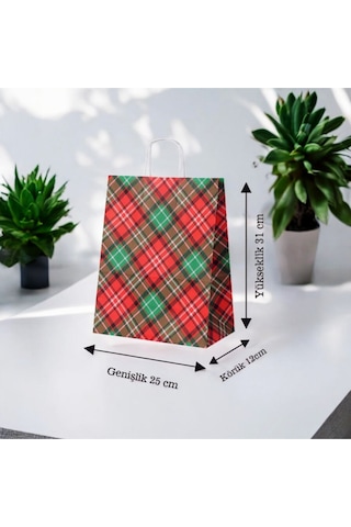 Ekose Desenli Kağıt Çanta 25x31x12 Cm 10 Adet Kırmızı Ve Yeşil 30 X 25 X 12 10'lu Hediye Paketi Kağı