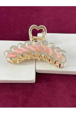 Koyu Pembe Sedef Yansımalı Parlak Taşlı Gold Renkli Saç Tokası Gold