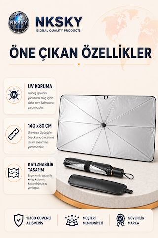 Nksky 1. Kalite Araba Ön Cam Güneşlik Şemsiye 80x140 Cm Katlanabilir Oto Cam Güneşliği Araç Güneş Koruyucu
