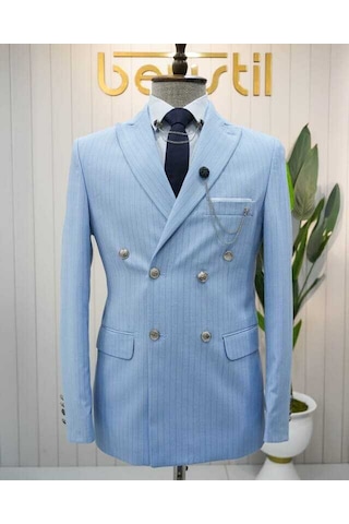 Beystil Sivri Yaka Bebe Mavisi Çizgili Kruvaze Takım Elbise - Slim Fit Mavi