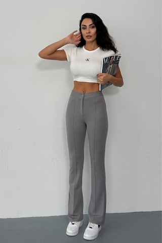 Krep Kumaş Likralı Önü Çimalı Kahverengi Kadın Palazzo Pantolon Gri