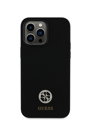 Apple Uyumlu iPhone 14 Pro Max Kılıf Guess Lisanslı Yazı Ve Taşlı 4g Logolu Silikon Kapak Siyah
