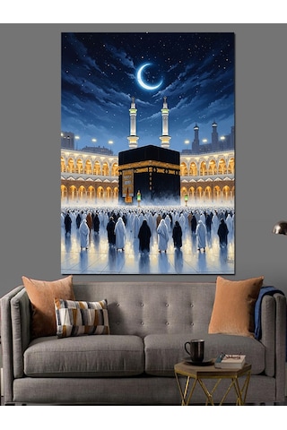 Ay Işığı Altında Kabe Görseli Dekoratif Kanvas - Mdf Ahşap Tablo
