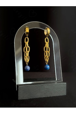 Lapis Lazuli Doğal Taşlı Gold Çelik Küpe Sevgili Takı Koleksiyonu Gold