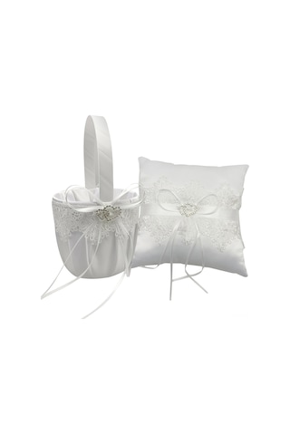 Konesam Beyaz Saten Dantel İşlemeli Yüzük Yastığı Ve Çiçek Sepeti - Şık Düğün Aksesuarı Yeşil